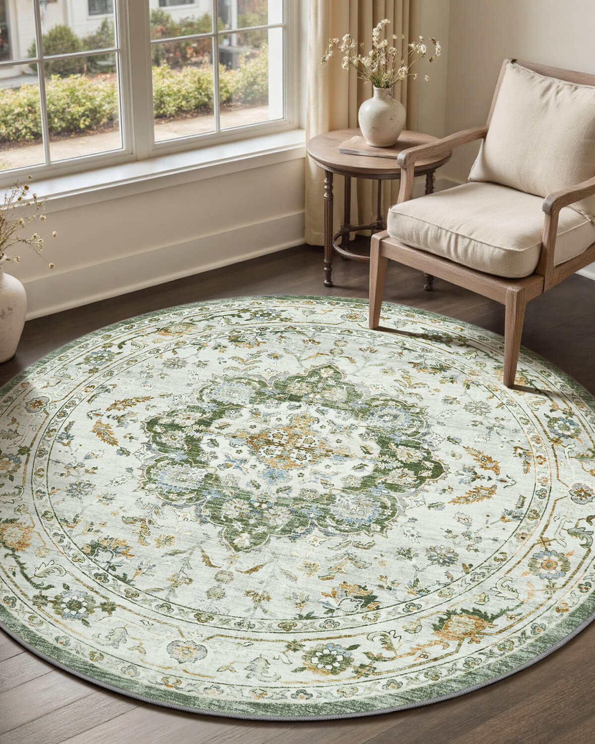 Floral vintage washable area rug designed for cozy living rooms with easy care durability and family friendly comfort