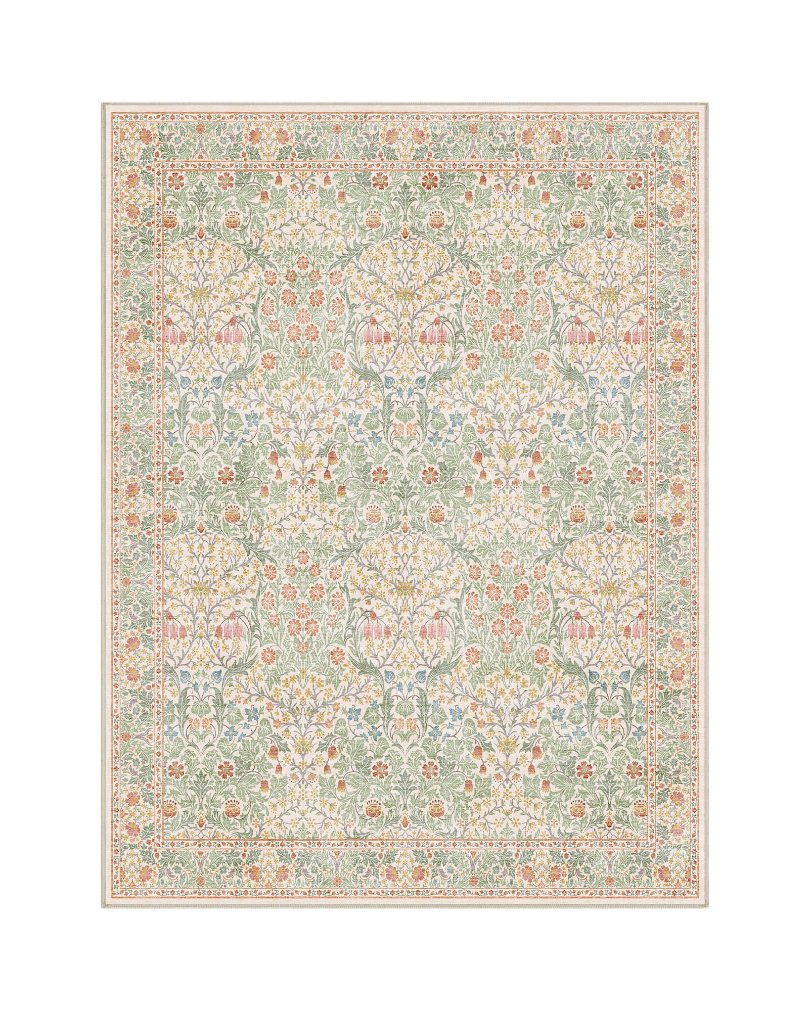 A washable vintage floral area rug features a delicate botanical pattern with soft colors, traditional details, and a low-pile design perfect for cozy living rooms, bedrooms, and family-friendly spaces.