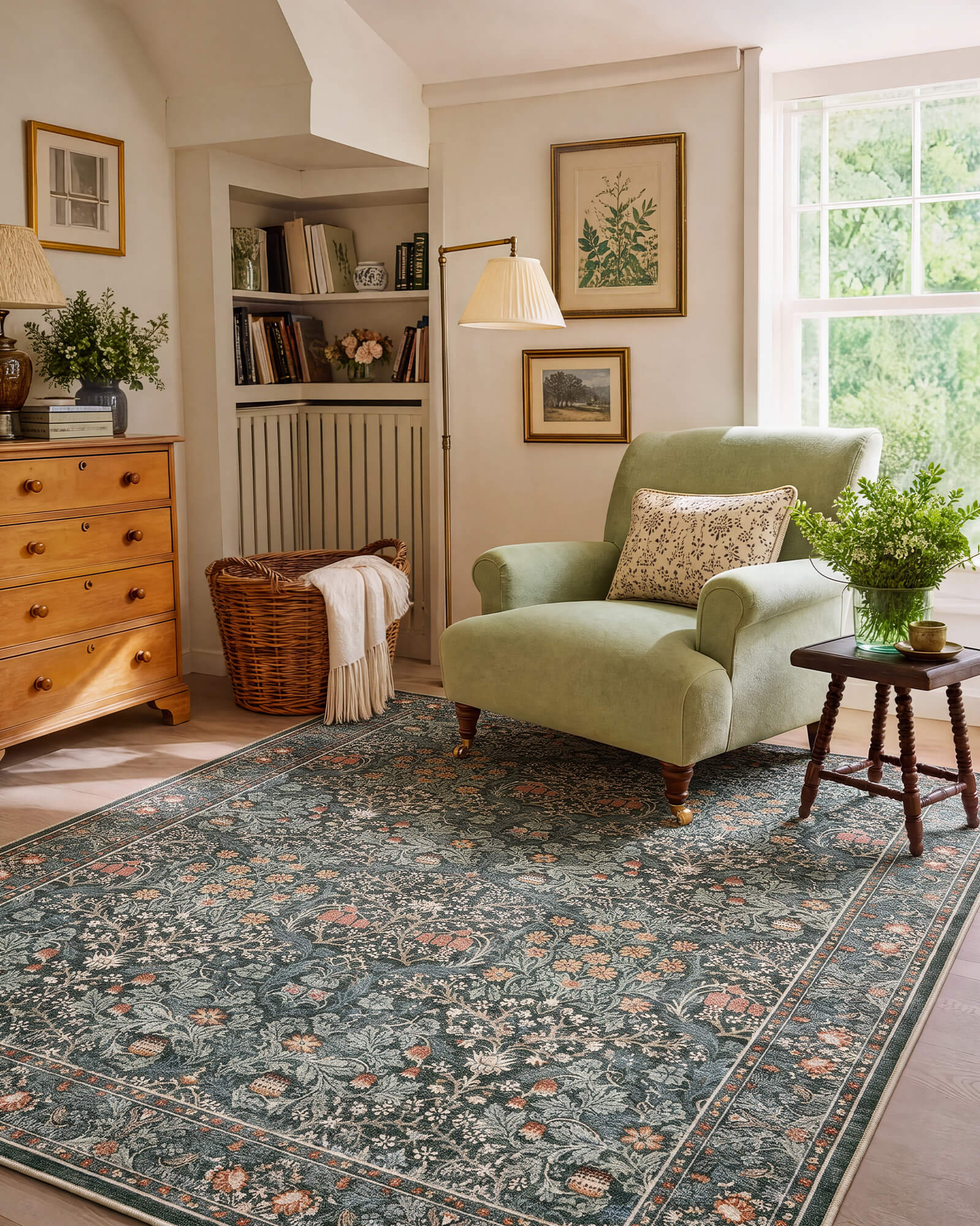A washable vintage floral area rug with a dark botanical pattern adds classic charm to a cozy living room featuring an accent chair, wooden furniture, indoor plants, and timeless traditional decor.