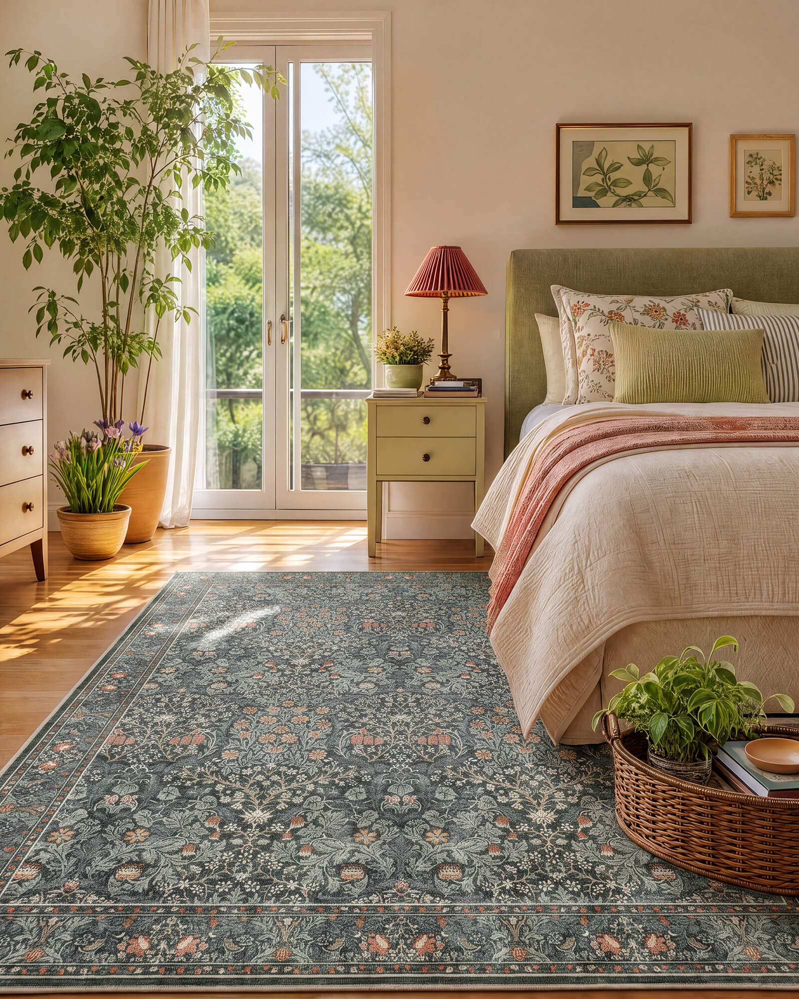 A washable vintage floral area rug with a dark botanical pattern brings timeless elegance to a cozy bedroom with natural light, indoor plants, soft bedding, and classic cottage-inspired decor.