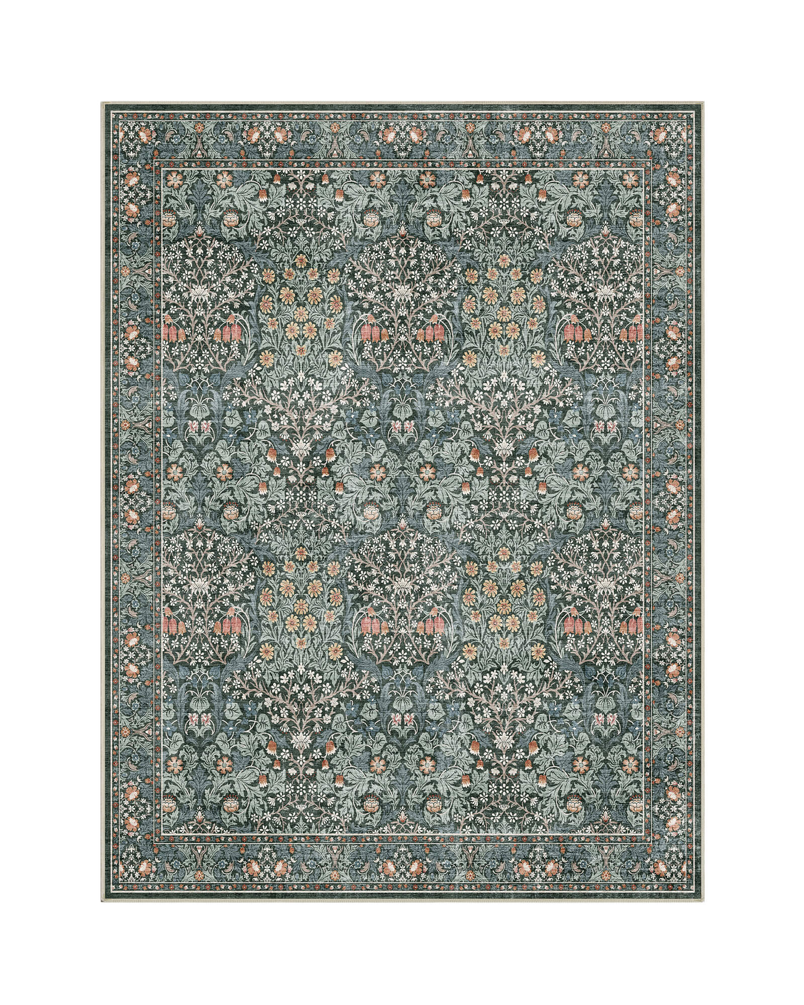 A washable vintage floral area rug featuring a dark green botanical medallion pattern, intricate floral motifs, and a classic Persian-inspired design for timeless living room and bedroom decor.
