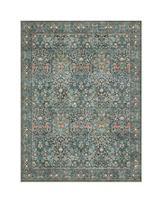 A washable vintage floral area rug featuring a dark green botanical medallion pattern, intricate floral motifs, and a classic Persian-inspired design for timeless living room and bedroom decor.