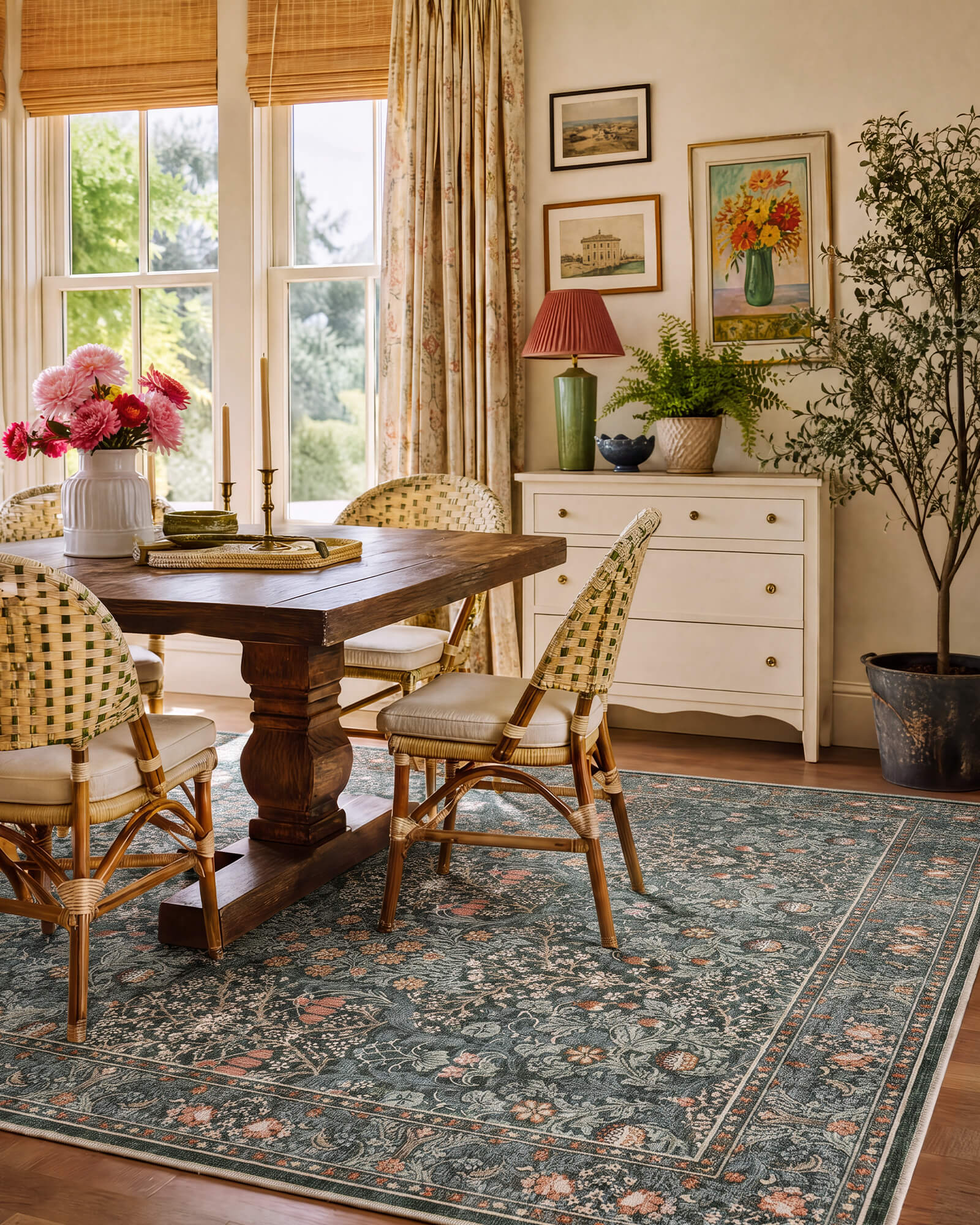 A washable vintage floral area rug with a dark green botanical pattern adds timeless elegance to a dining room with classic furniture, natural textures, and cozy traditional home decor.