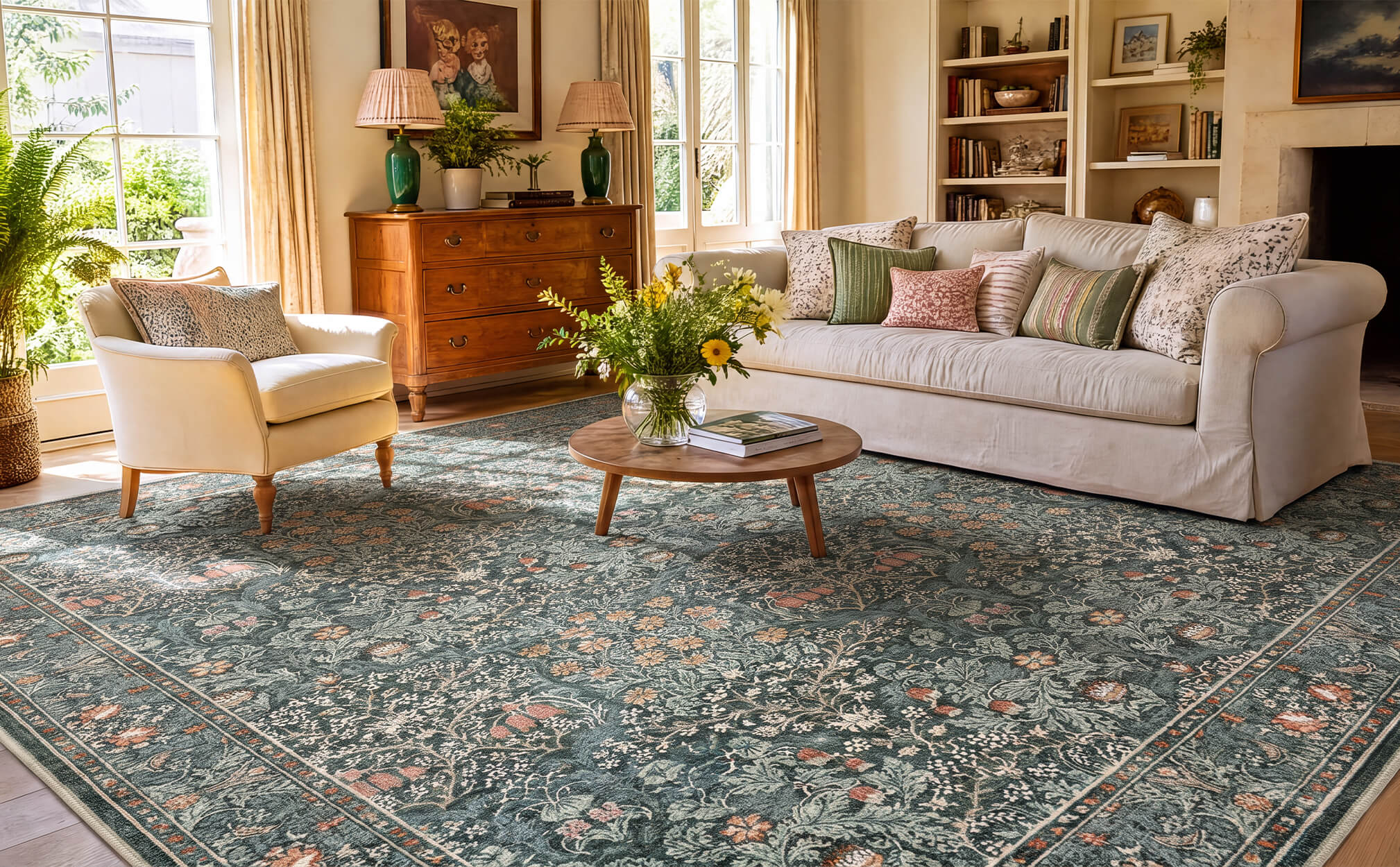 A washable vintage floral area rug with a dark green botanical pattern creates a timeless living room look, featuring intricate floral details, classic border design, and cozy traditional home decor styling.