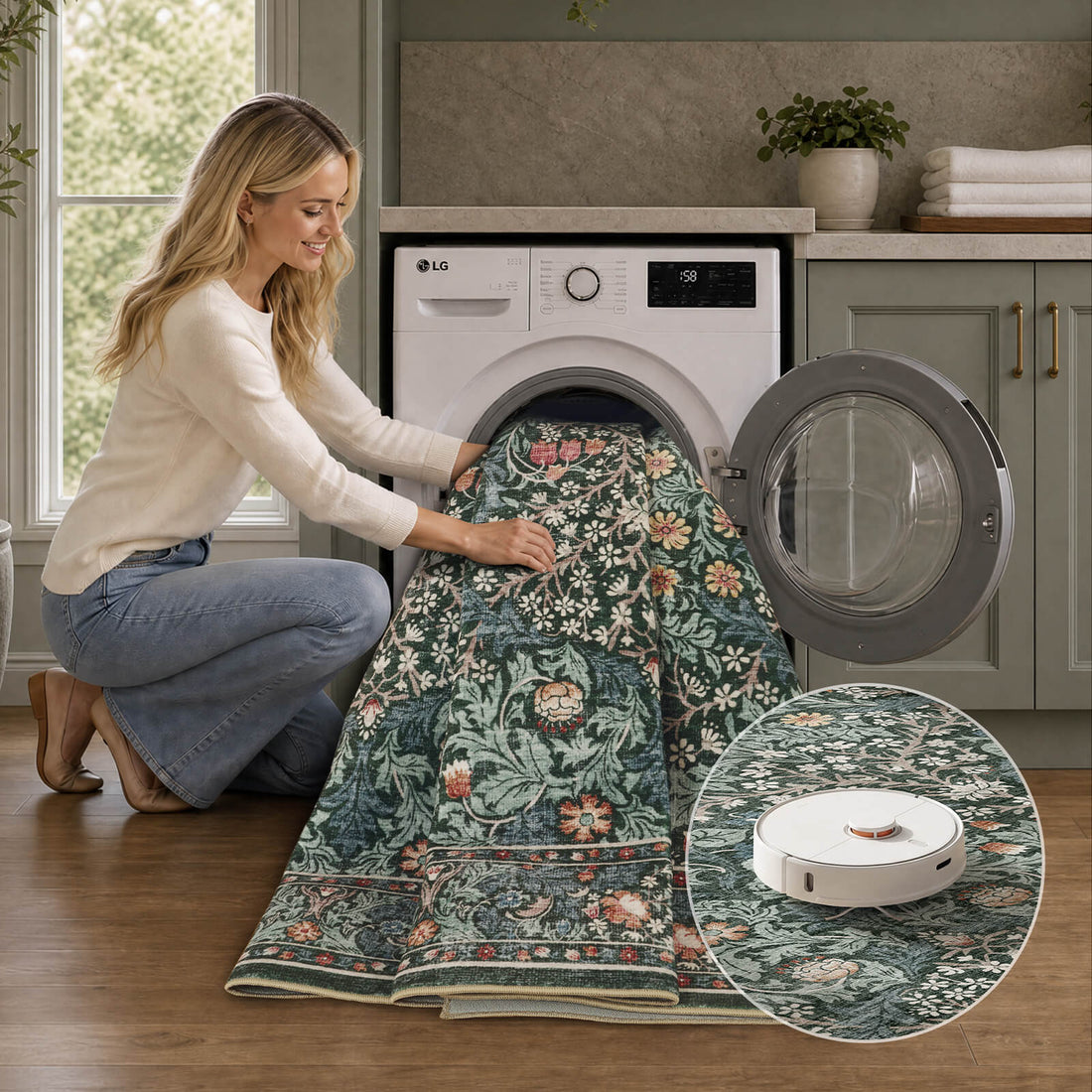 A washable vintage floral area rug with a dark green botanical pattern is shown being cleaned in a laundry room, highlighting its machine washable design, easy maintenance, soft texture, and pet-friendly features.