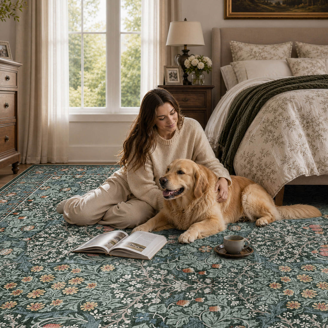A washable vintage floral area rug with a dark green botanical pattern creates a cozy bedroom retreat, featuring intricate floral details, a soft texture, and a pet-friendly design perfect for relaxing with pets and everyday living.