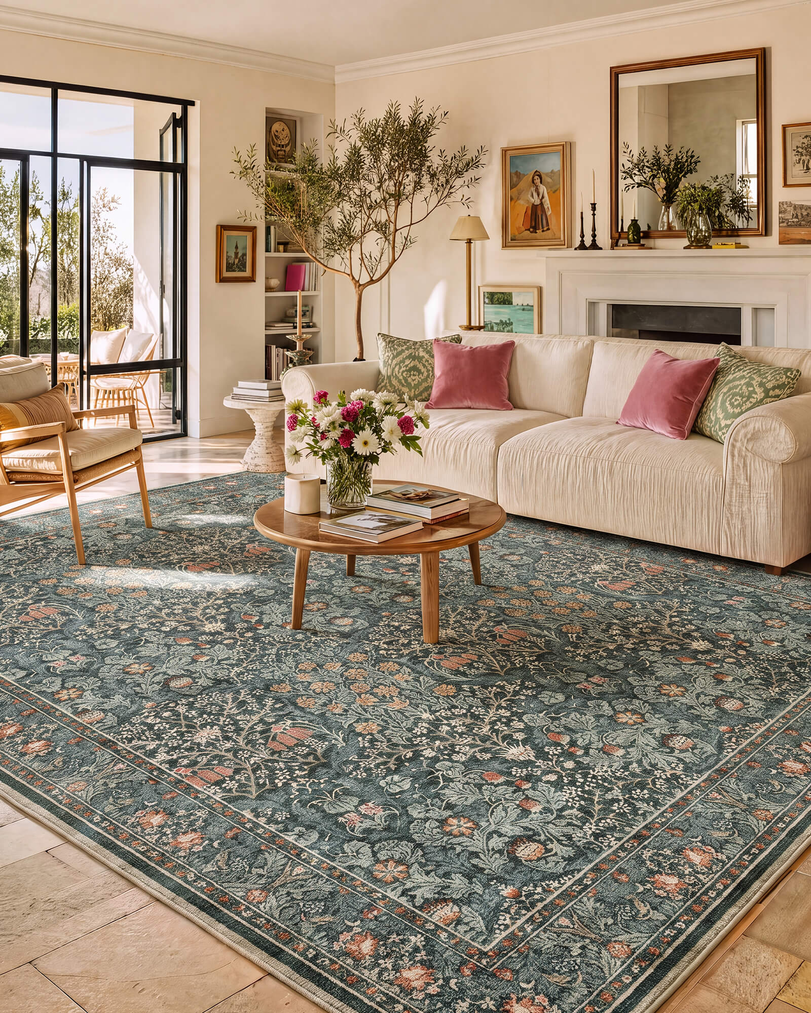 A washable vintage floral area rug with a dark green botanical pattern adds timeless elegance to a cozy living room, featuring intricate floral details, a classic border design, and traditional-inspired home decor style.