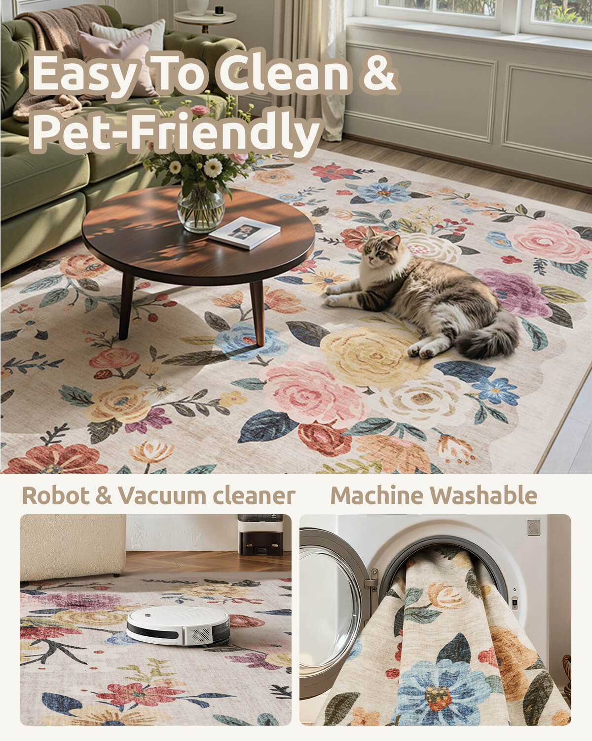 Washable vintage floral rug offering soft durability for everyday use