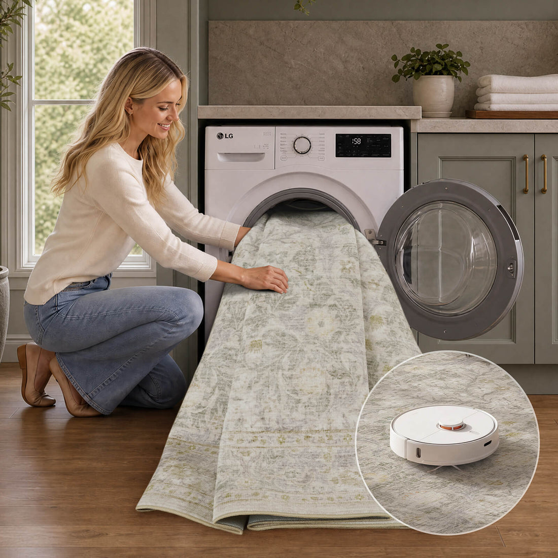 A washable vintage floral area rug is shown being cleaned in a laundry room, highlighting its machine washable design, soft low-pile texture, pet-friendly features, and easy maintenance for everyday homes.