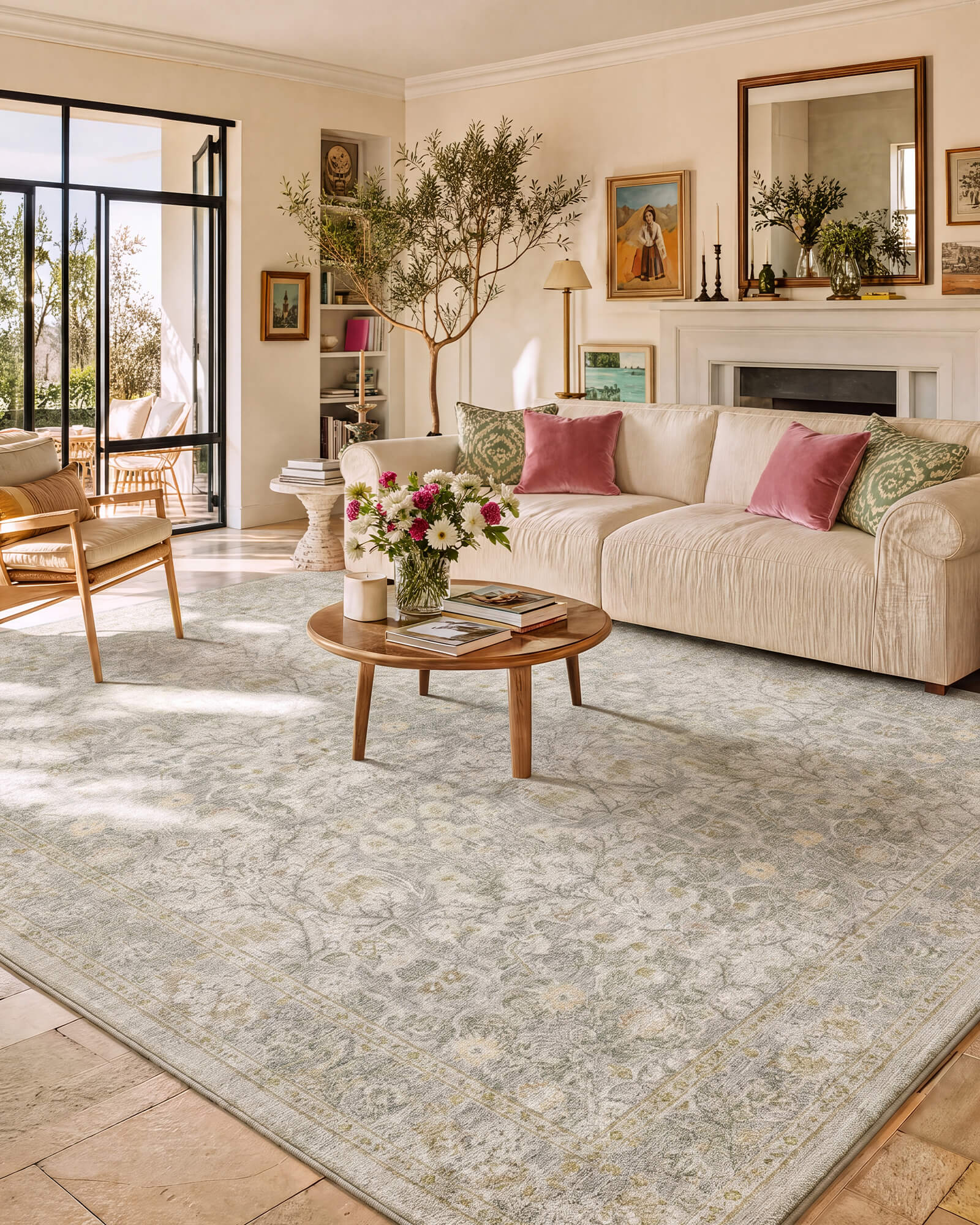 A washable vintage floral area rug with a soft neutral botanical pattern adds subtle elegance to a bright living room, featuring intricate details, a classic border design, and timeless decor style.