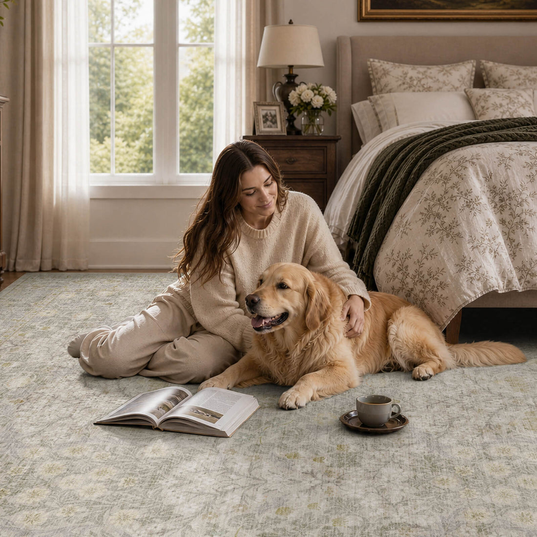 A washable vintage floral area rug with a soft neutral botanical pattern creates a cozy bedroom space, featuring a subtle distressed design, comfortable texture, and pet-friendly style for relaxing with pets and everyday home living.