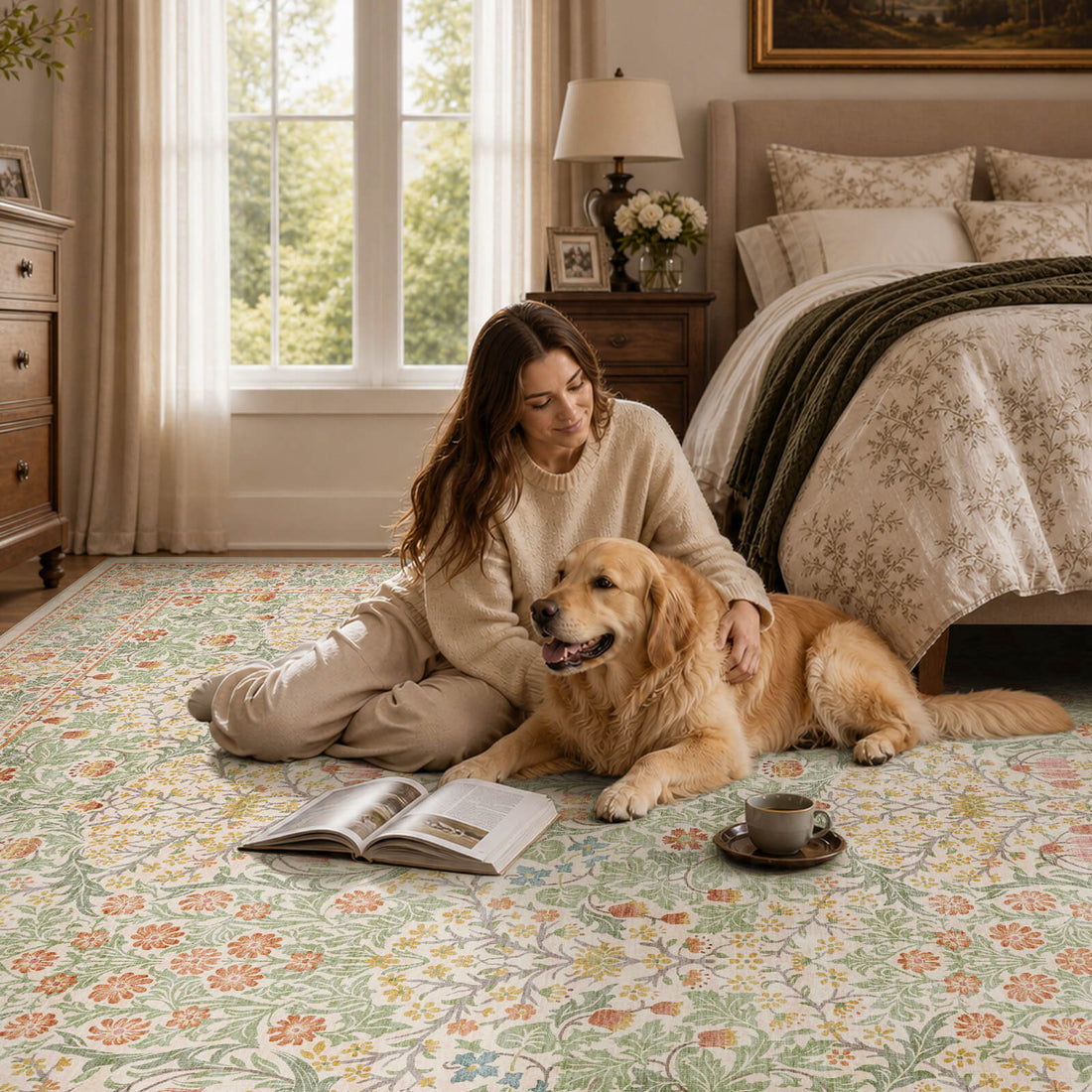 A washable vintage floral area rug with a soft pastel botanical pattern creates a cozy bedroom retreat, featuring delicate floral details, a low-pile texture, and a pet-friendly design perfect for relaxing with pets and everyday home comfort.