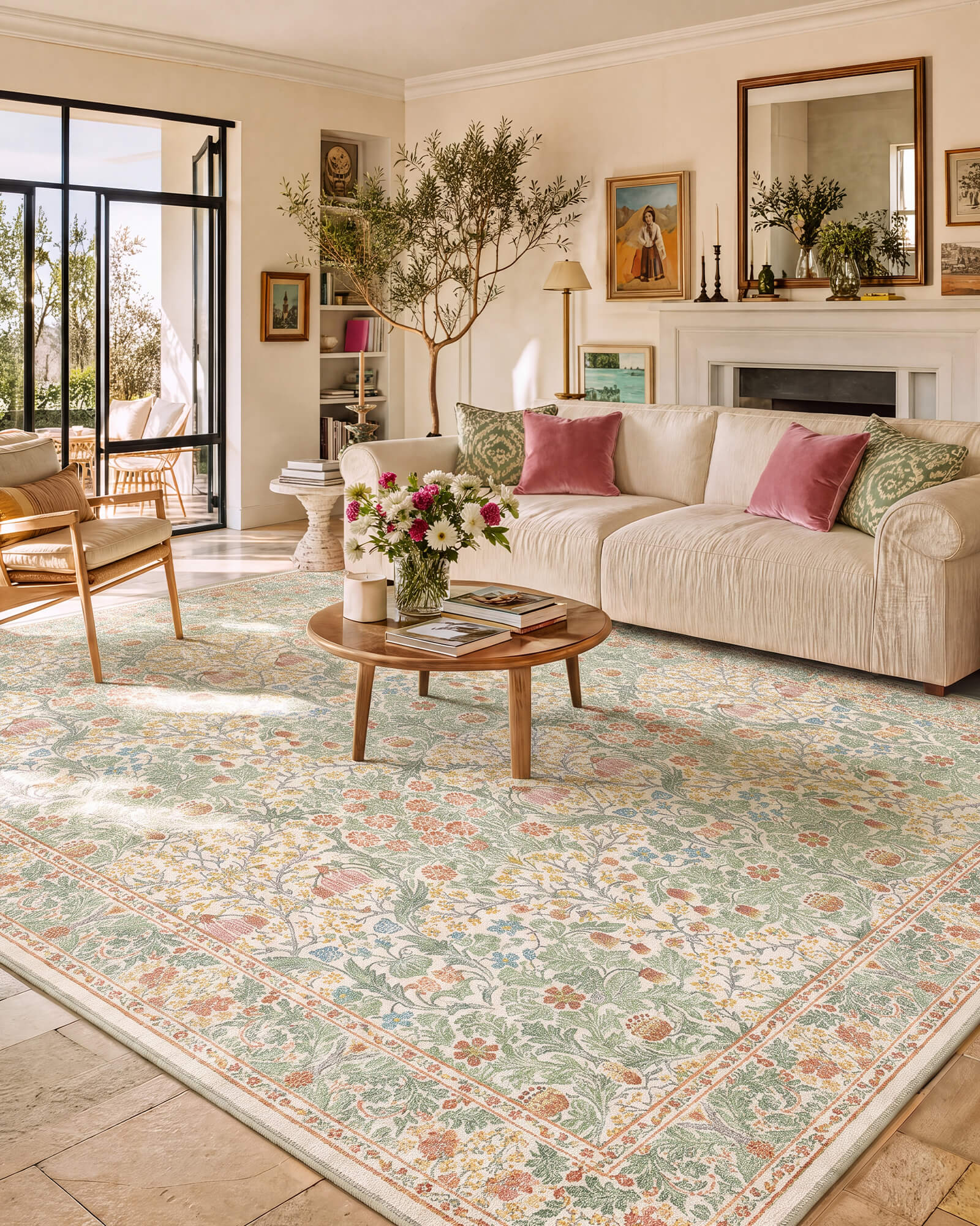 A washable vintage floral area rug with a pastel green botanical pattern brings a fresh traditional feel to a bright living room, featuring intricate floral motifs, a decorative border, and elegant timeless home decor.