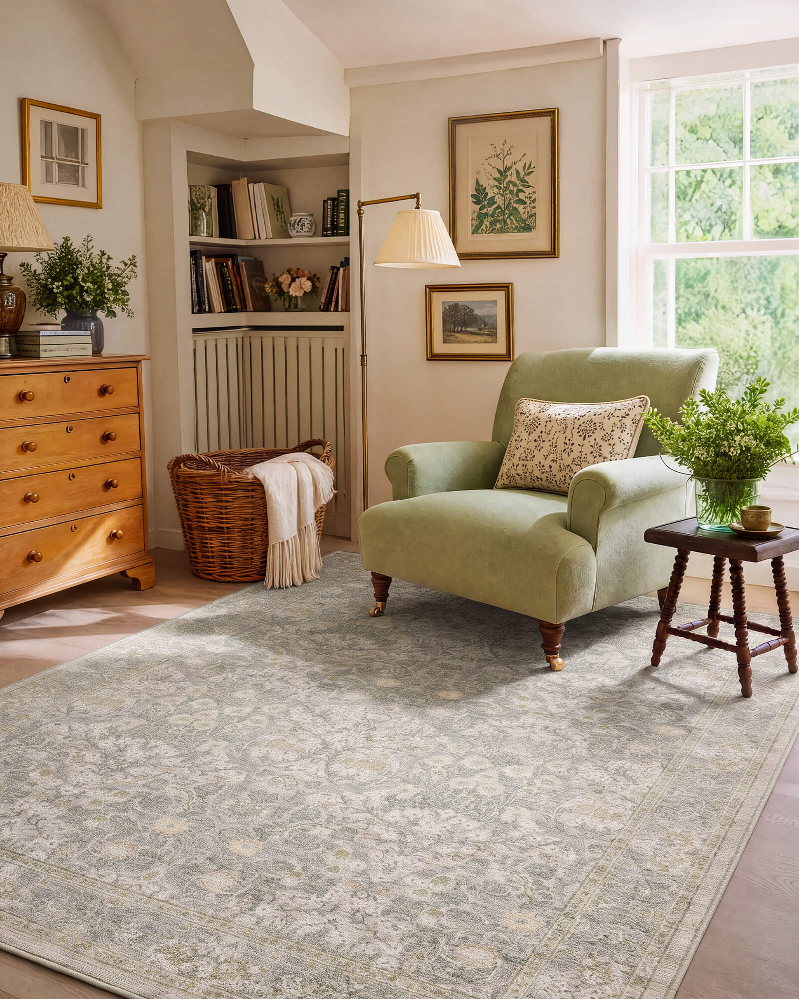 A washable vintage floral area rug with a soft botanical pattern adds timeless elegance to a cozy living room featuring an accent chair, natural wood furniture, and warm cottage-inspired decor.
