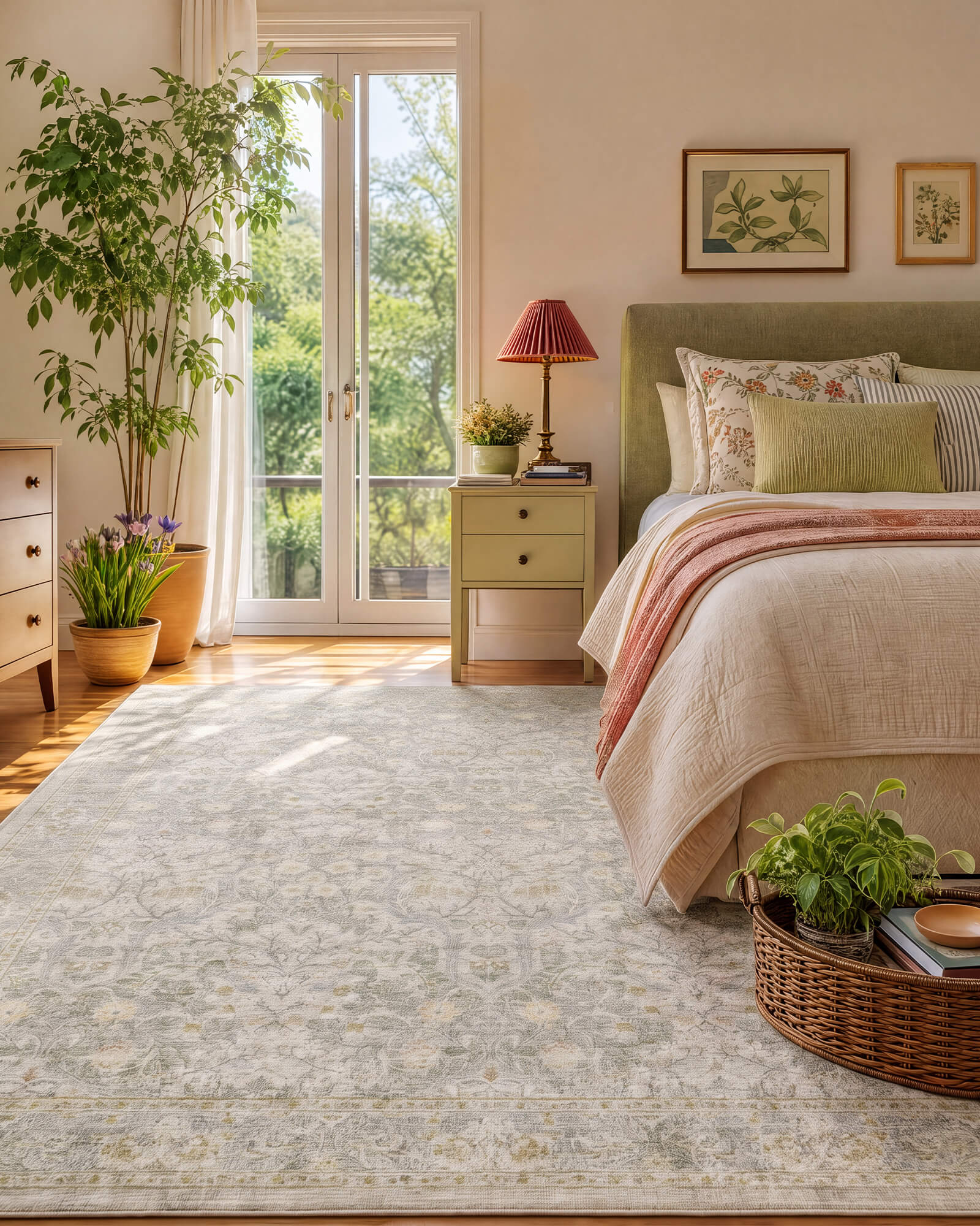 A washable vintage floral area rug with a soft neutral botanical pattern creates a cozy bedroom atmosphere with timeless charm, natural textures, indoor plants, and warm sunlight.