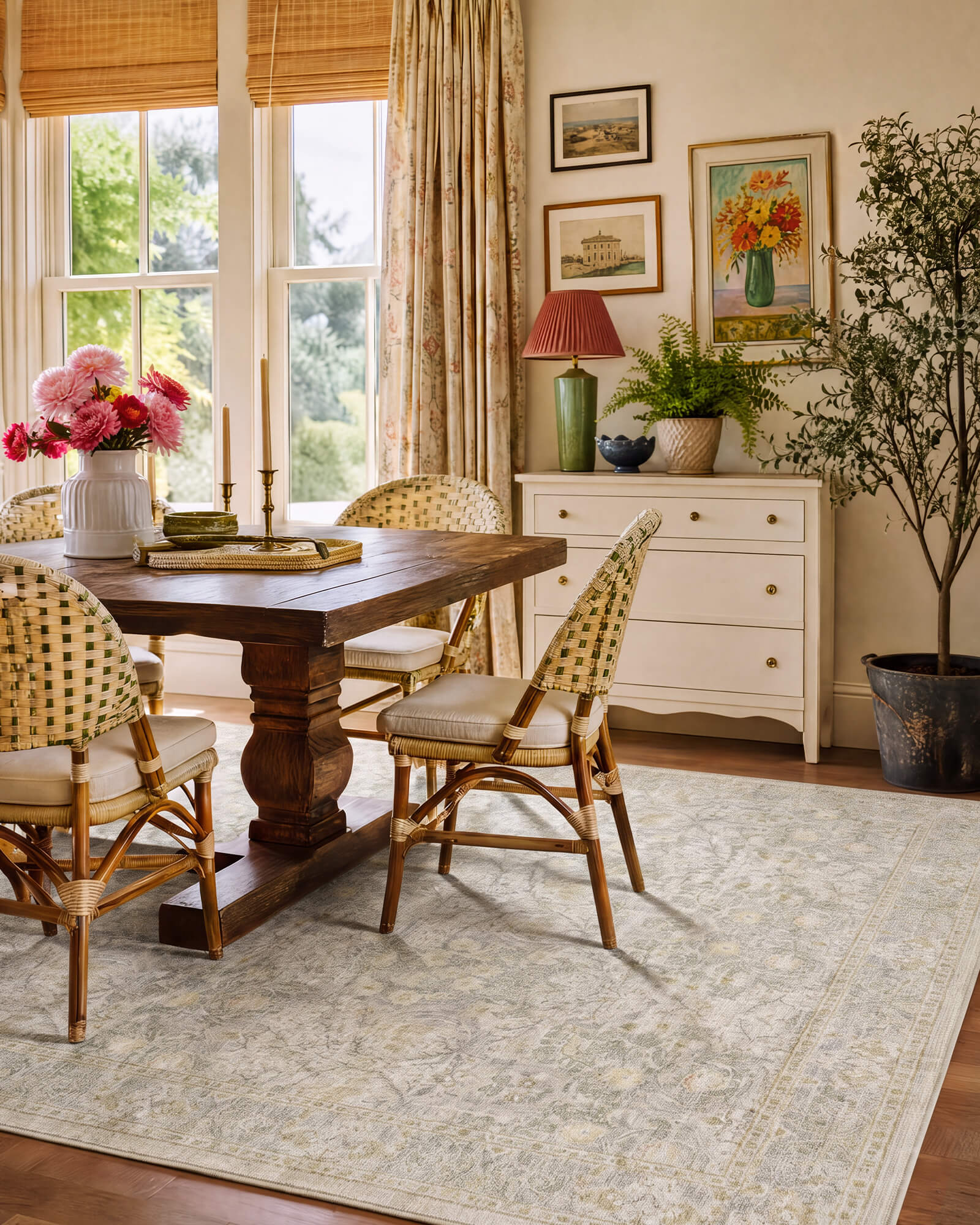 A washable vintage floral area rug with a soft neutral botanical pattern enhances a cozy dining room with rattan chairs, wooden furniture, natural light, and timeless cottage-inspired decor.