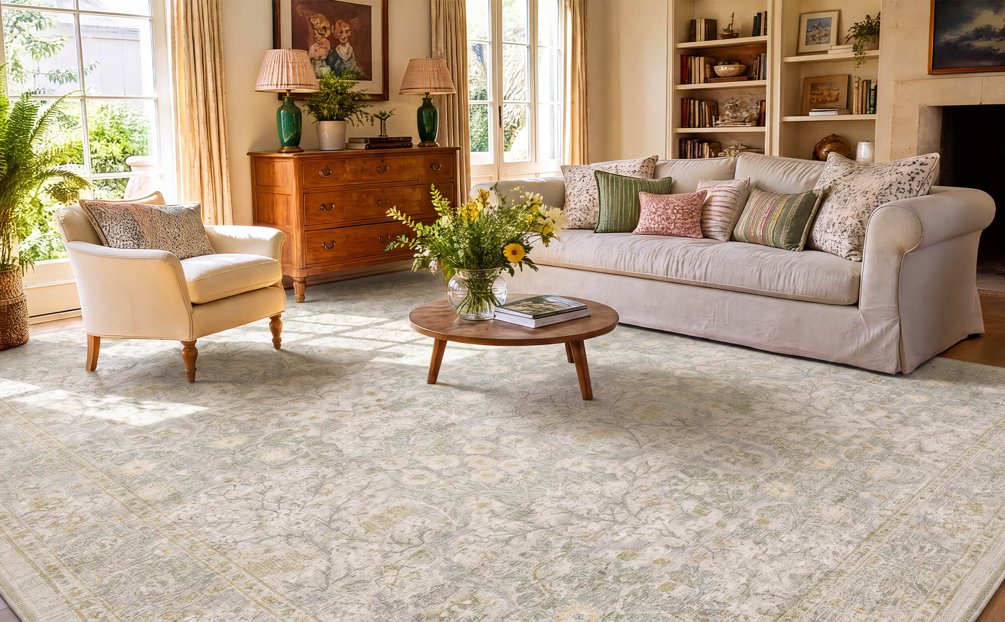 A washable vintage floral area rug with a soft neutral botanical pattern creates a cozy and elegant living room with classic furniture, natural textures, warm lighting, and timeless home decor.