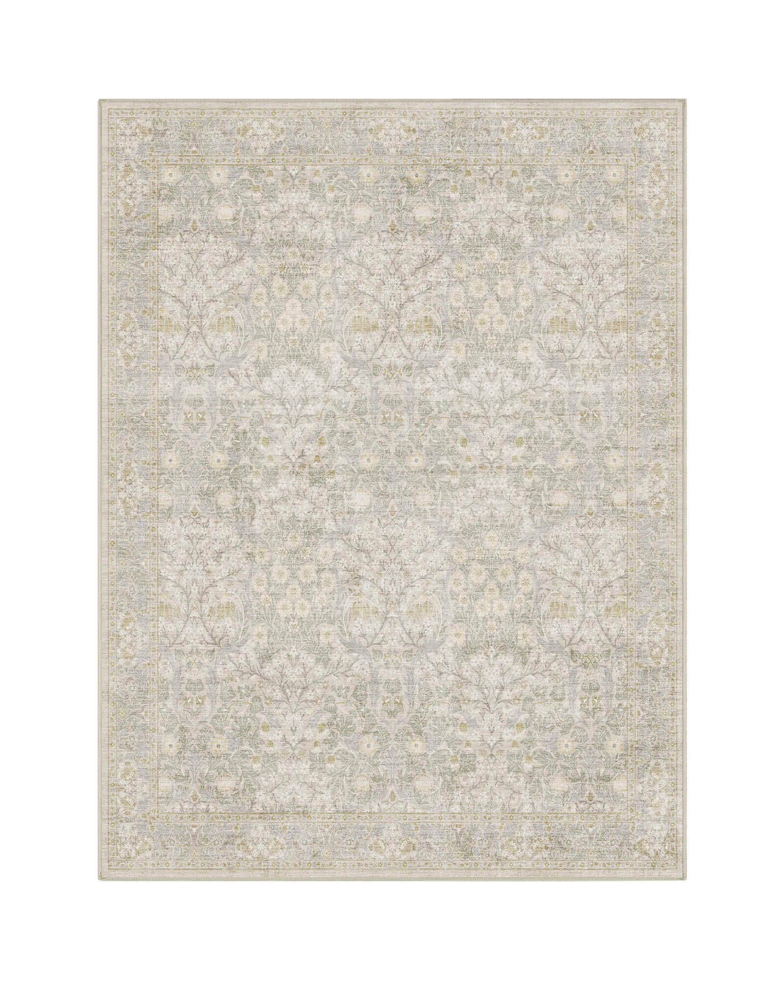 A washable vintage floral area rug features a soft neutral botanical pattern with subtle traditional details, a low-pile design, and timeless style for cozy living rooms, bedrooms, and elegant home interiors.