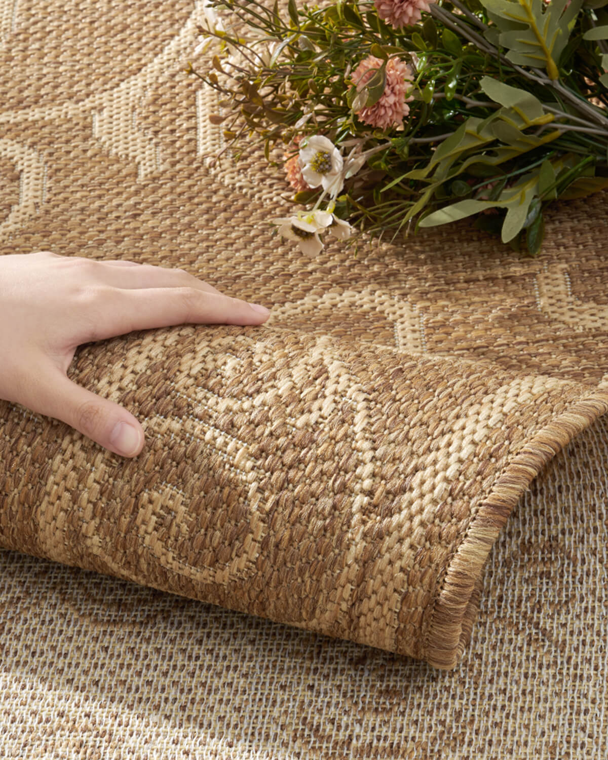 Waterproof indoor outdoor rug with easy clean surface designed for everyday use