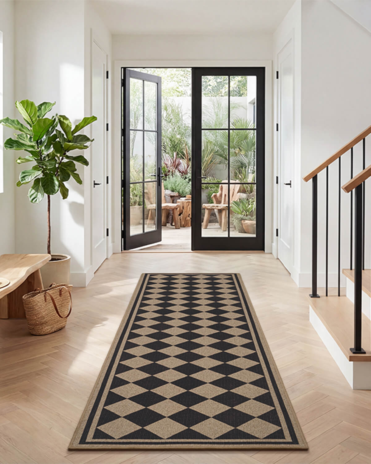 Indoor outdoor rug with faux jute texture and geometric design for relaxed patio living and modern indoor spaces