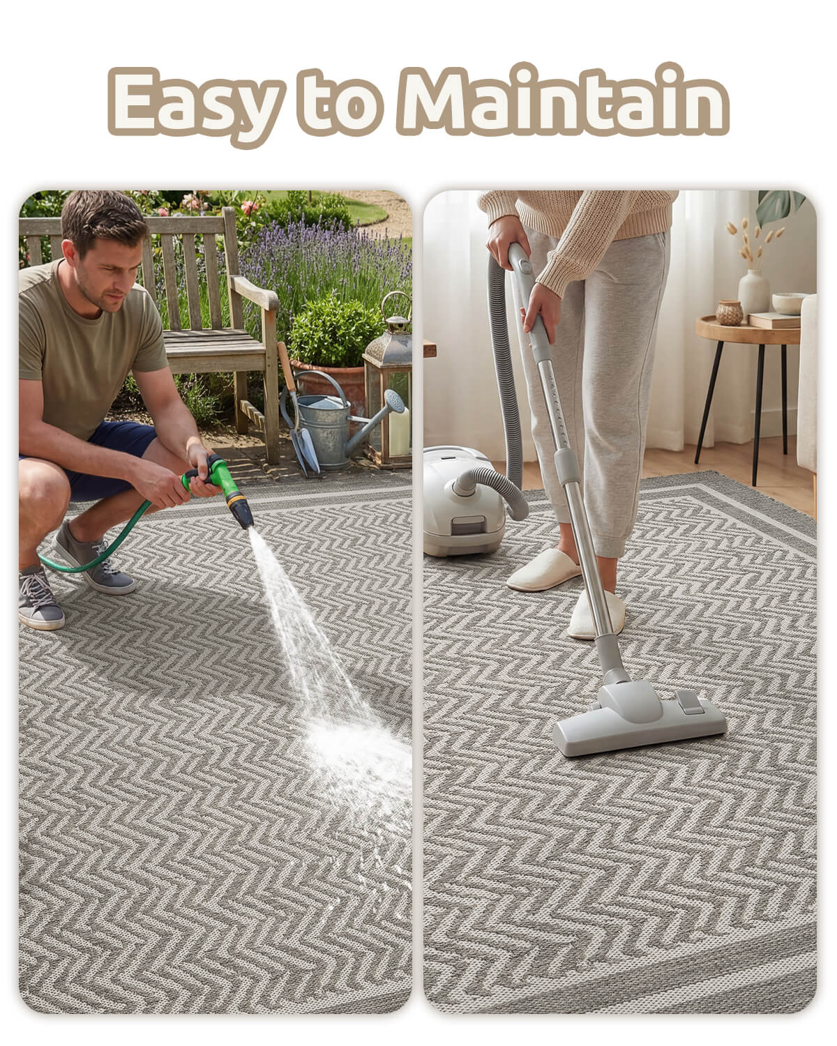 Indoor outdoor rug with elegant scroll pattern designed for patios poolside seating and relaxed outdoor living