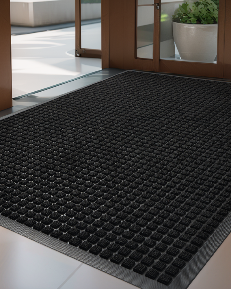 Non-slip outdoor indoor door mat for entryway with durable rubber backing.